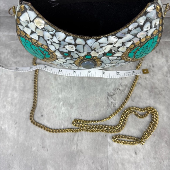 Boho Mosaic Stone Clutch Purse – Mother of Pearl, Turquoise & Brass, Handmade - Picture 11 of 11